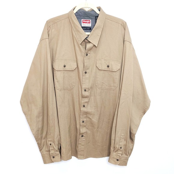 Wrangler Shirt Mens 3XL Comfort Flex Button Up Long Sleeve Tan Beige Cotton - Picture 1 of 4